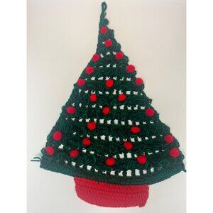 Vintage Hand Crochet Christmas Tree Wall Hanging With Red Balls‎ Wired Base
